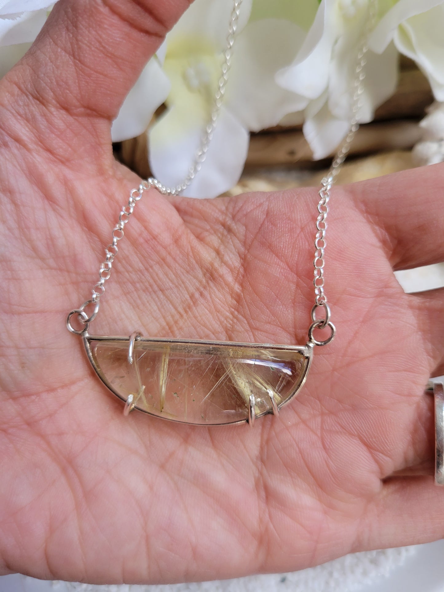 Rutilated quartz Prong Sterling Silver Necklace