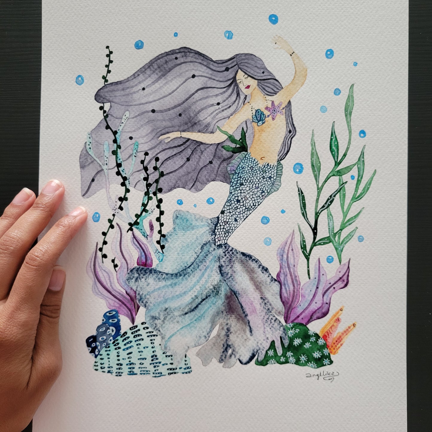 Mermaid Metallic Original Watercolor Art Painting "Ocean's Dream"