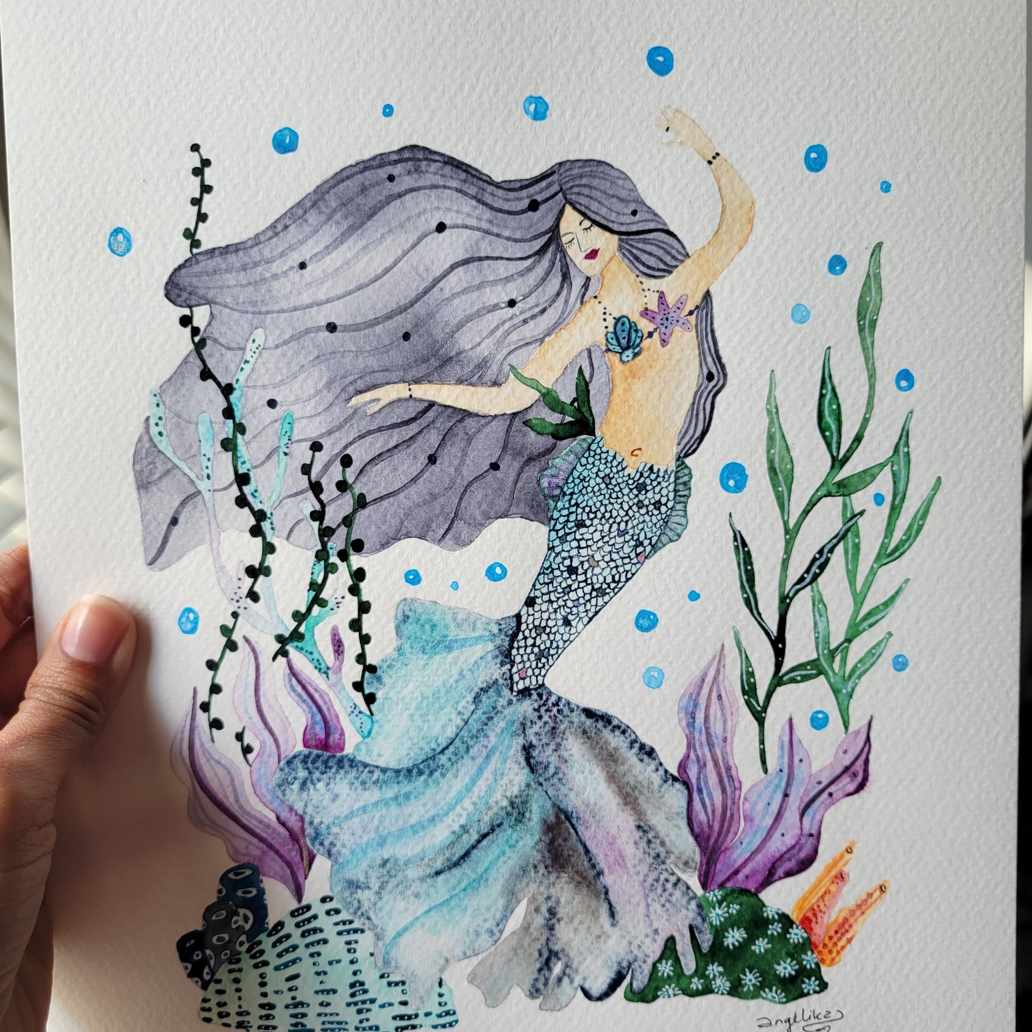 Mermaid Metallic Original Watercolor Art Painting "Ocean's Dream"