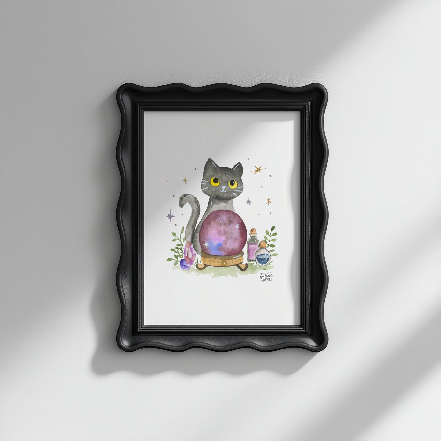 Black Cat Crystal Ball Art Print Mystical Cat Illustration, Witchy Wall Decor