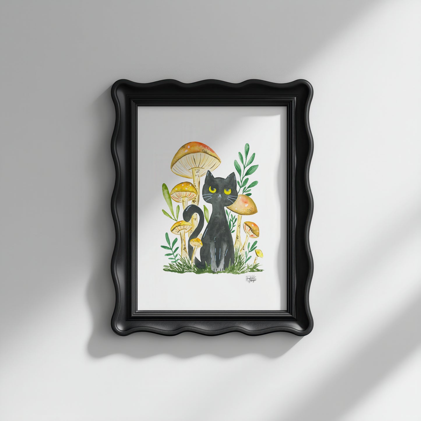 Black Cat Mushroom Art Print Whimsical Forest Cat Illustration