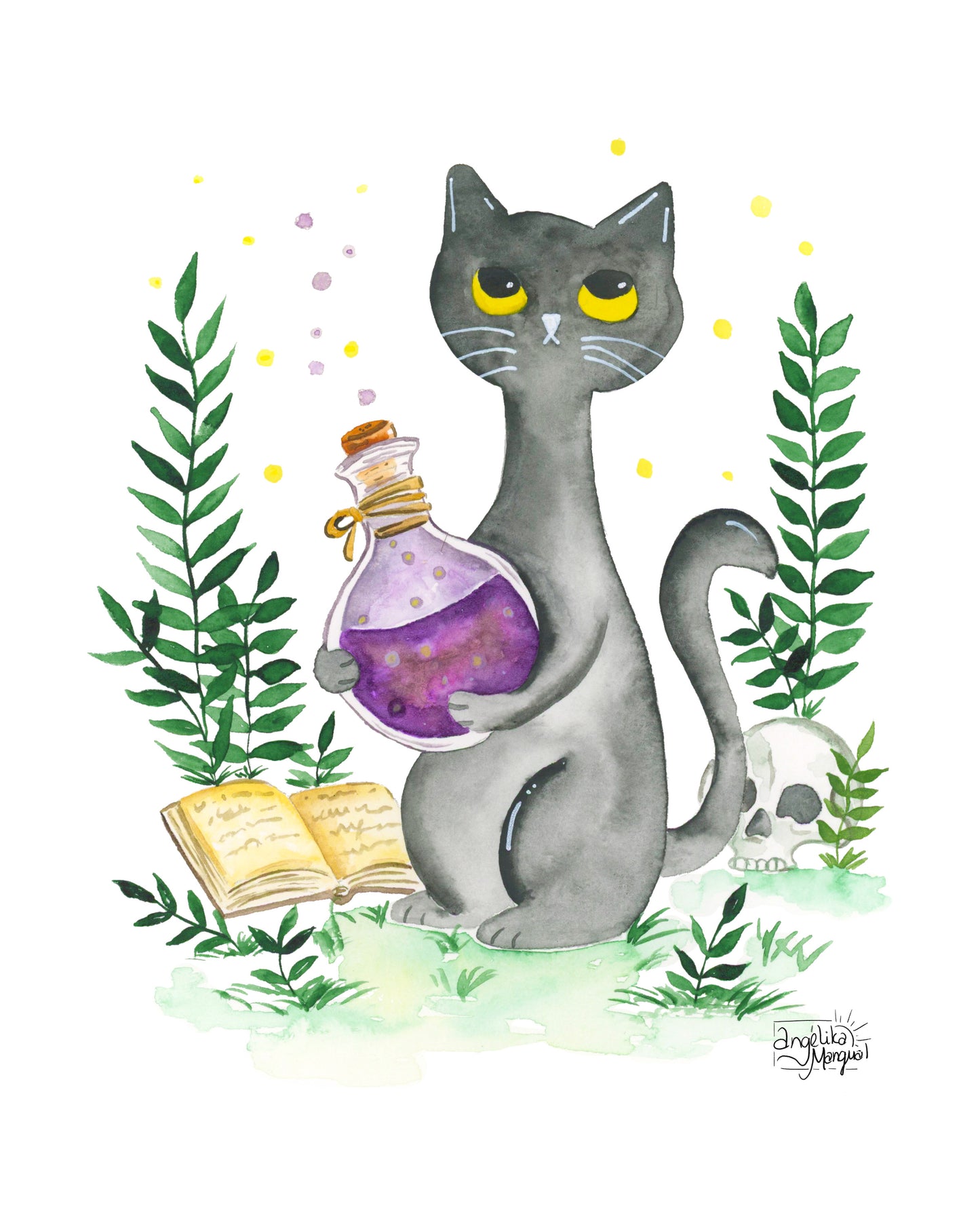 Black Cat with Purple Potion Bottle Whimsical Print