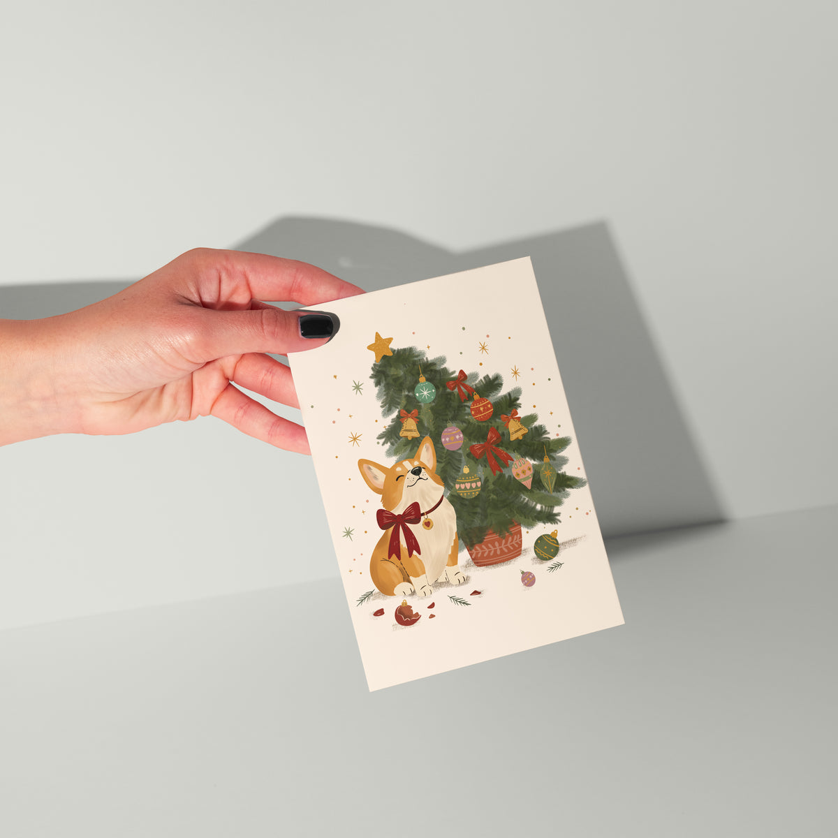 Funny Corgi Christmas Card – Naughty Dog and Broken Christmas Tree