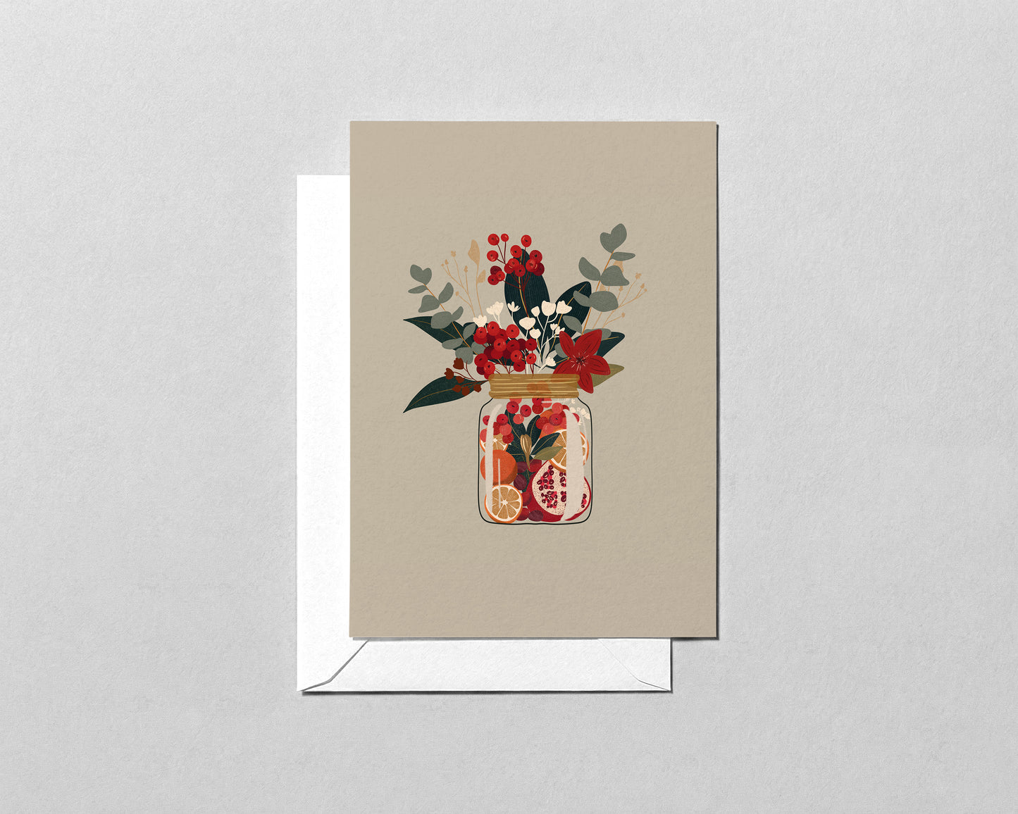 Christmas Botanical Greeting Card – Holiday Greenery in a Vintage Jar