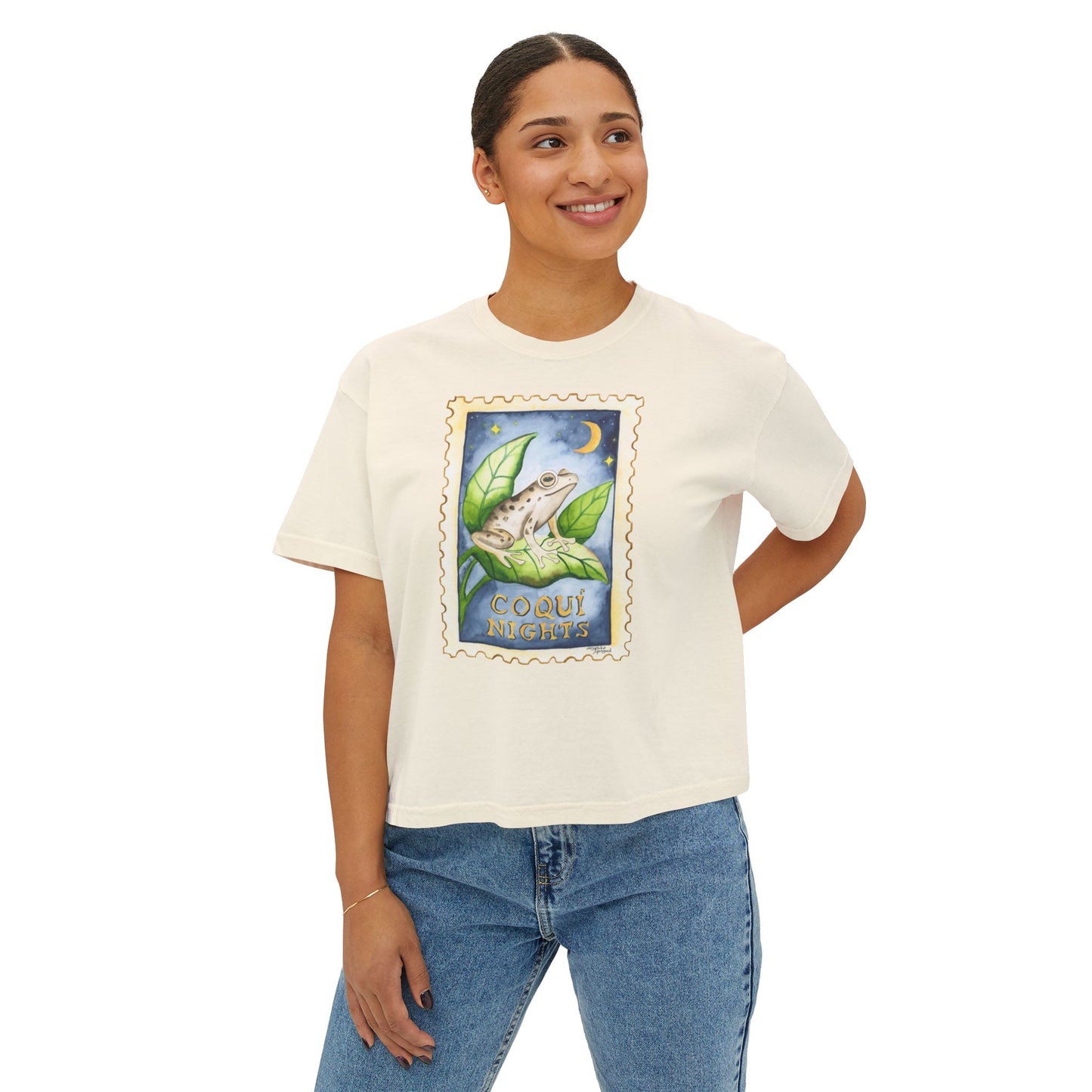 Coqui Nights Puerto Rico Women's Boxy Tee, Casual Summer Top, Vintage Stamp Design Shirt, Gift for Travelers, Eco-Friendly Fashion