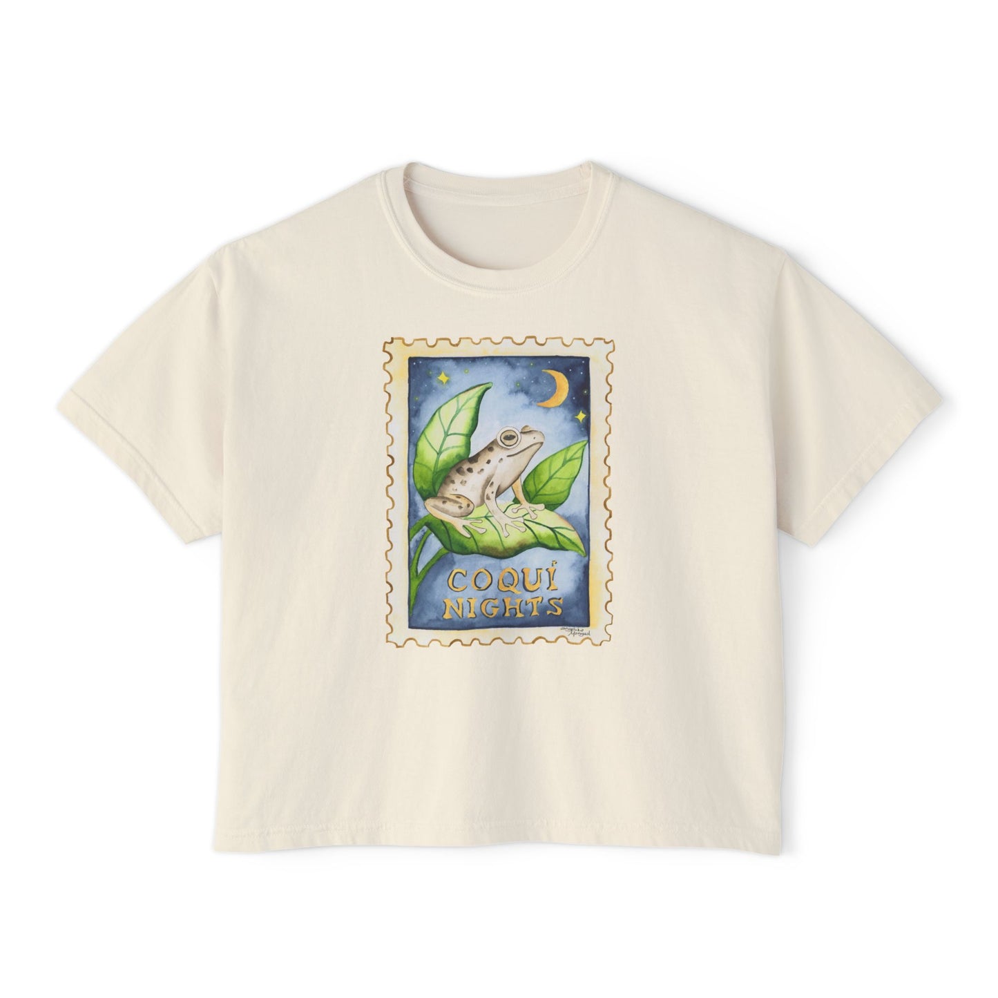 Coqui Nights Puerto Rico Women's Boxy Tee, Casual Summer Top, Vintage Stamp Design Shirt, Gift for Travelers, Eco-Friendly Fashion