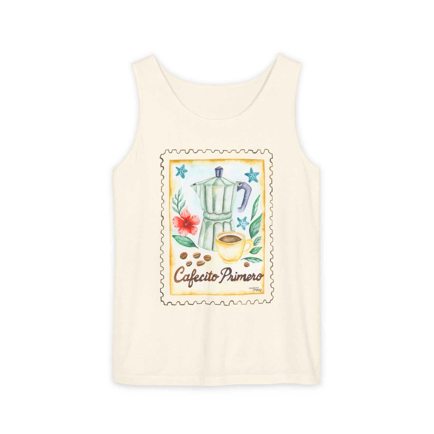 Cafecito Primero Tank Top, Boho Summer Style Shirt, Coffee Lover's Gift, Unisex Casual Wear, Relaxed Fit Beachwear