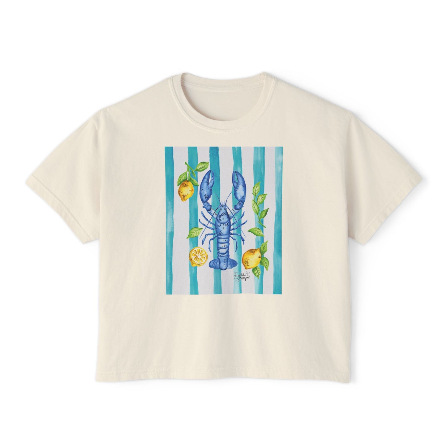 Lobster and Lemon Women's Boxy Tee | Coastal Vibe T-Shirt, Summer Fashion, Lobster Lover Gift, Beach T-Shirt, Eco-Friendly Shirt