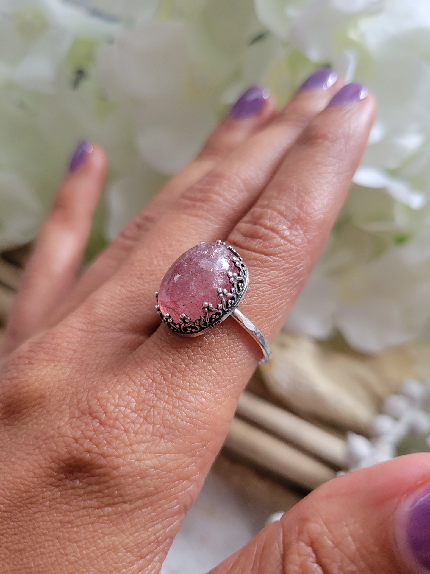 Strawberry Rose Quartz Sterling Silver Ring Size 7