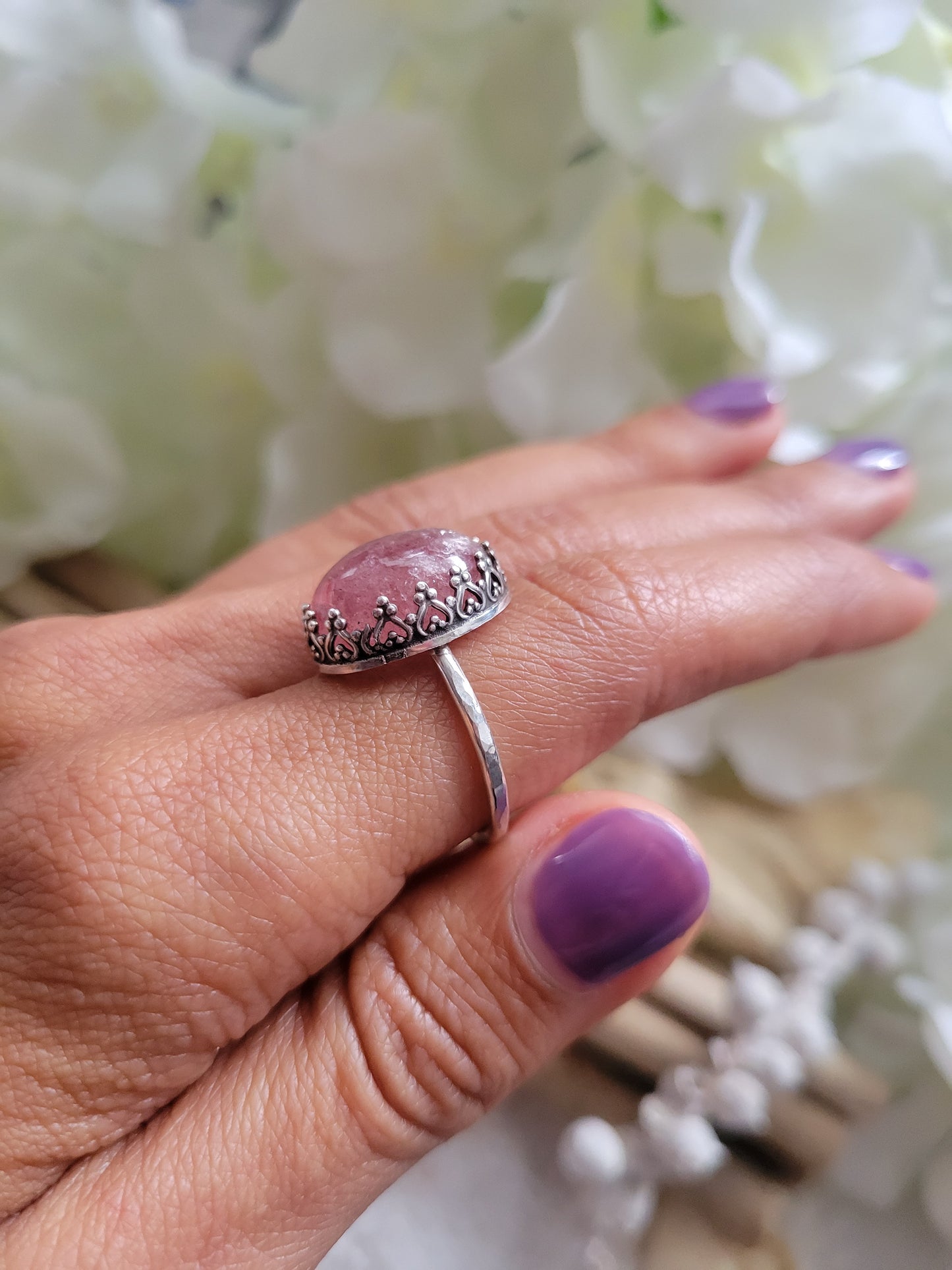 Strawberry Rose Quartz Sterling Silver Ring Size 7