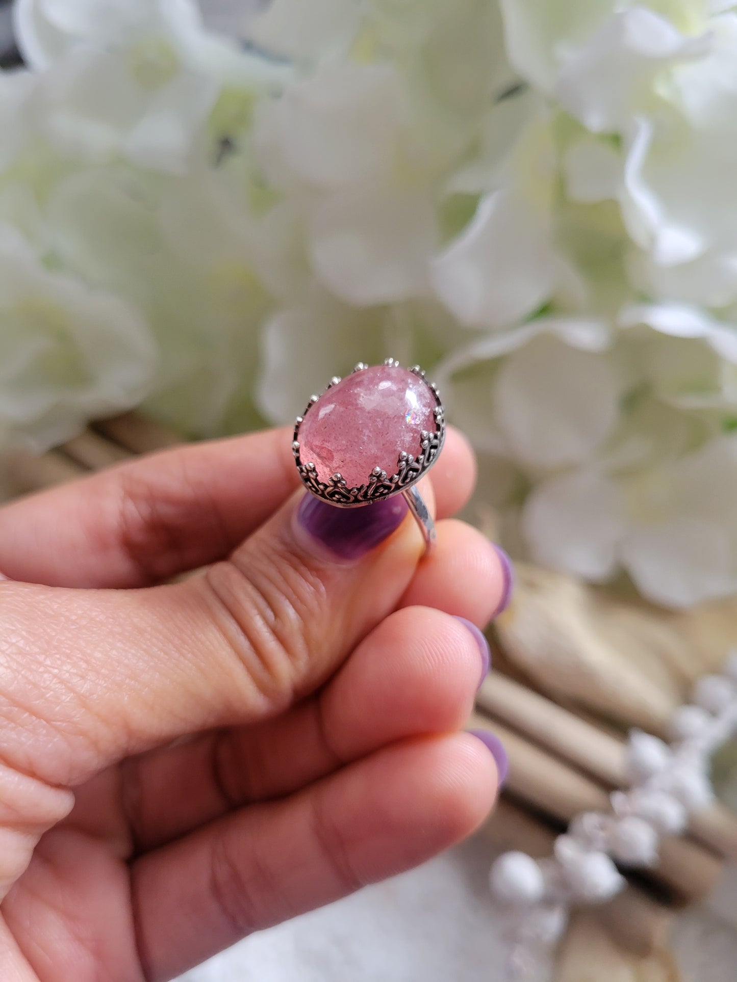 Strawberry Rose Quartz Sterling Silver Ring Size 7