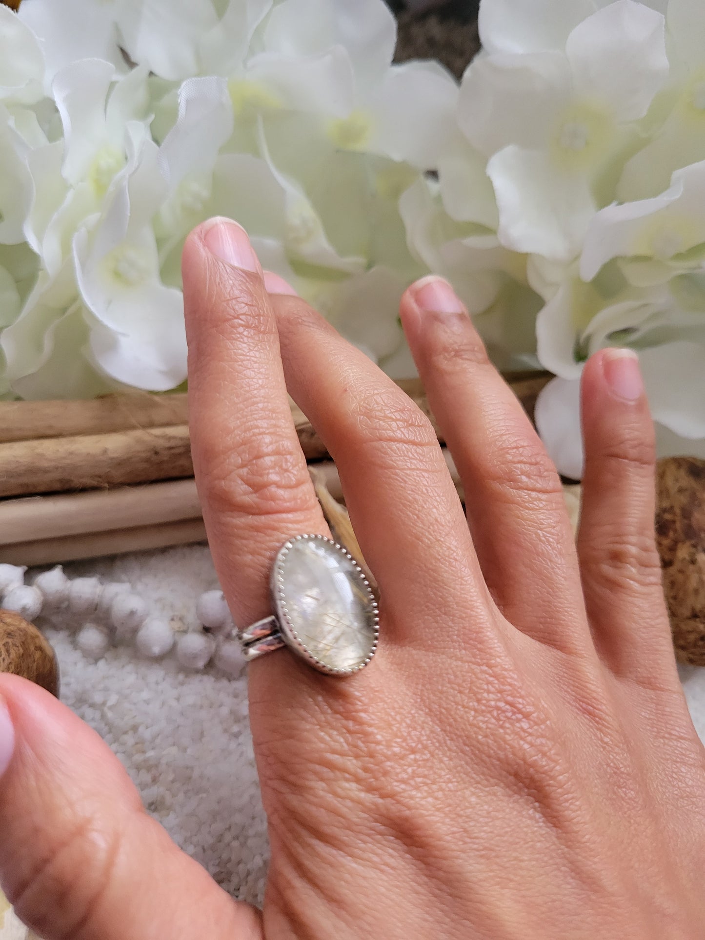 Labradorite Rutilated Quartz Duplet Gemstone Sterling Silver Ring Size 6