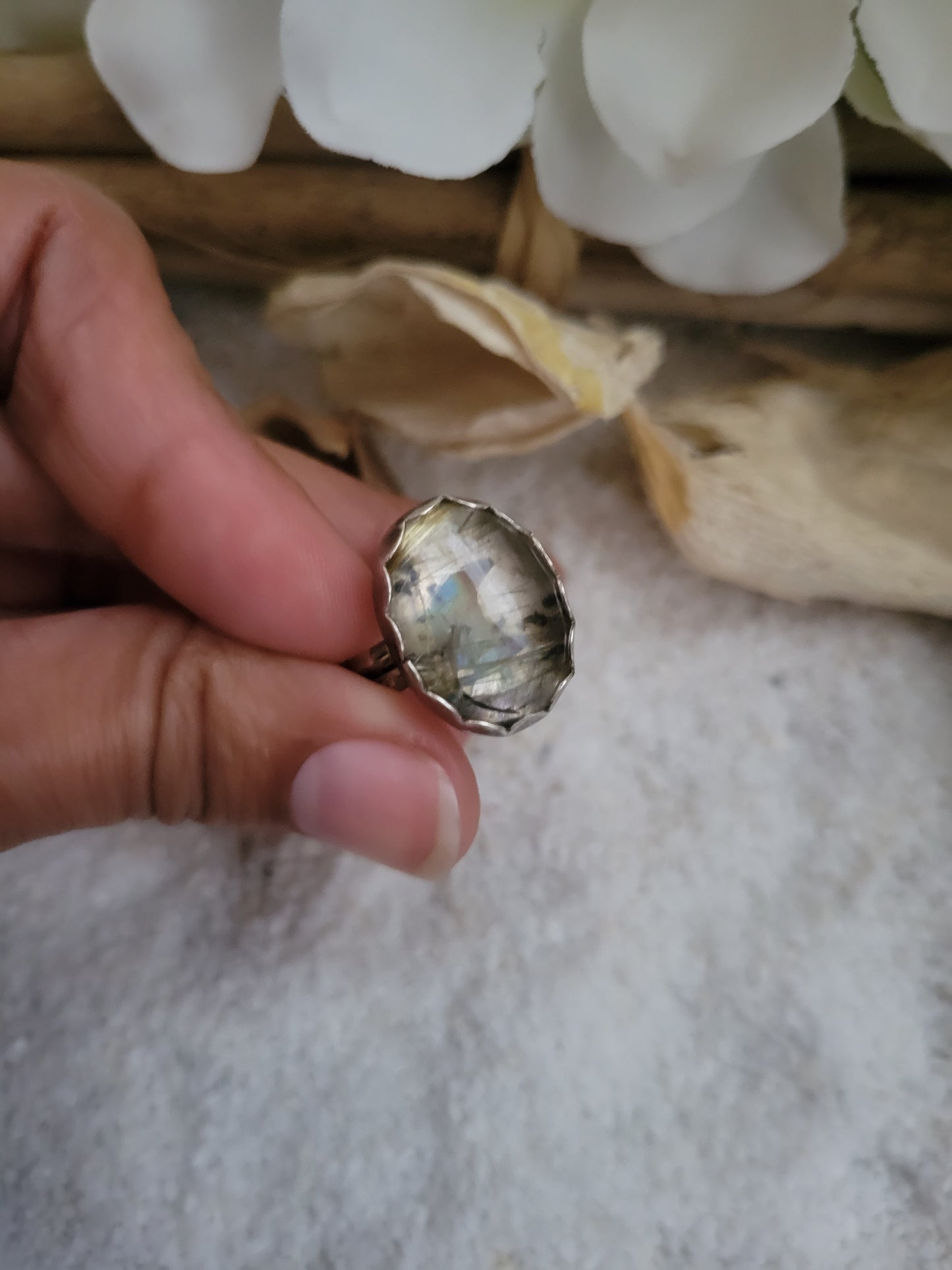 Labradorite Rutilated Quartz Duplet Gemstone Sterling Silver Ring Size 6.5