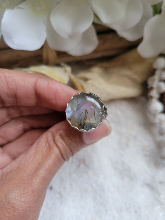 Labradorite Rutilated Quartz Duplet Gemstone Sterling Silver Ring Size 9