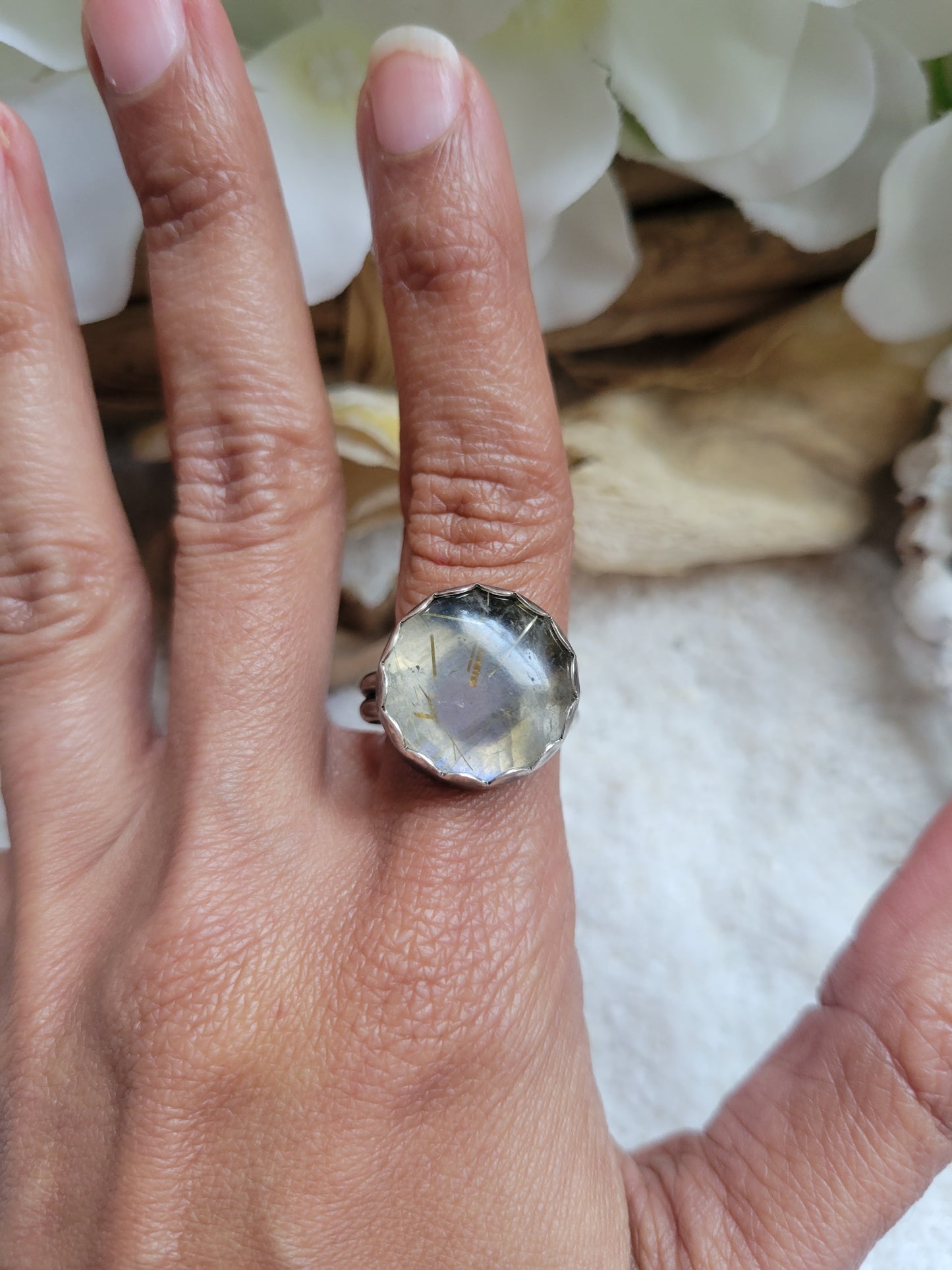 Labradorite Rutilated Quartz Duplet Gemstone Sterling Silver Ring Size 9