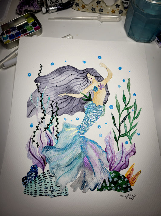 Mermaid Metallic Original Watercolor Art Painting "Ocean's Dream"