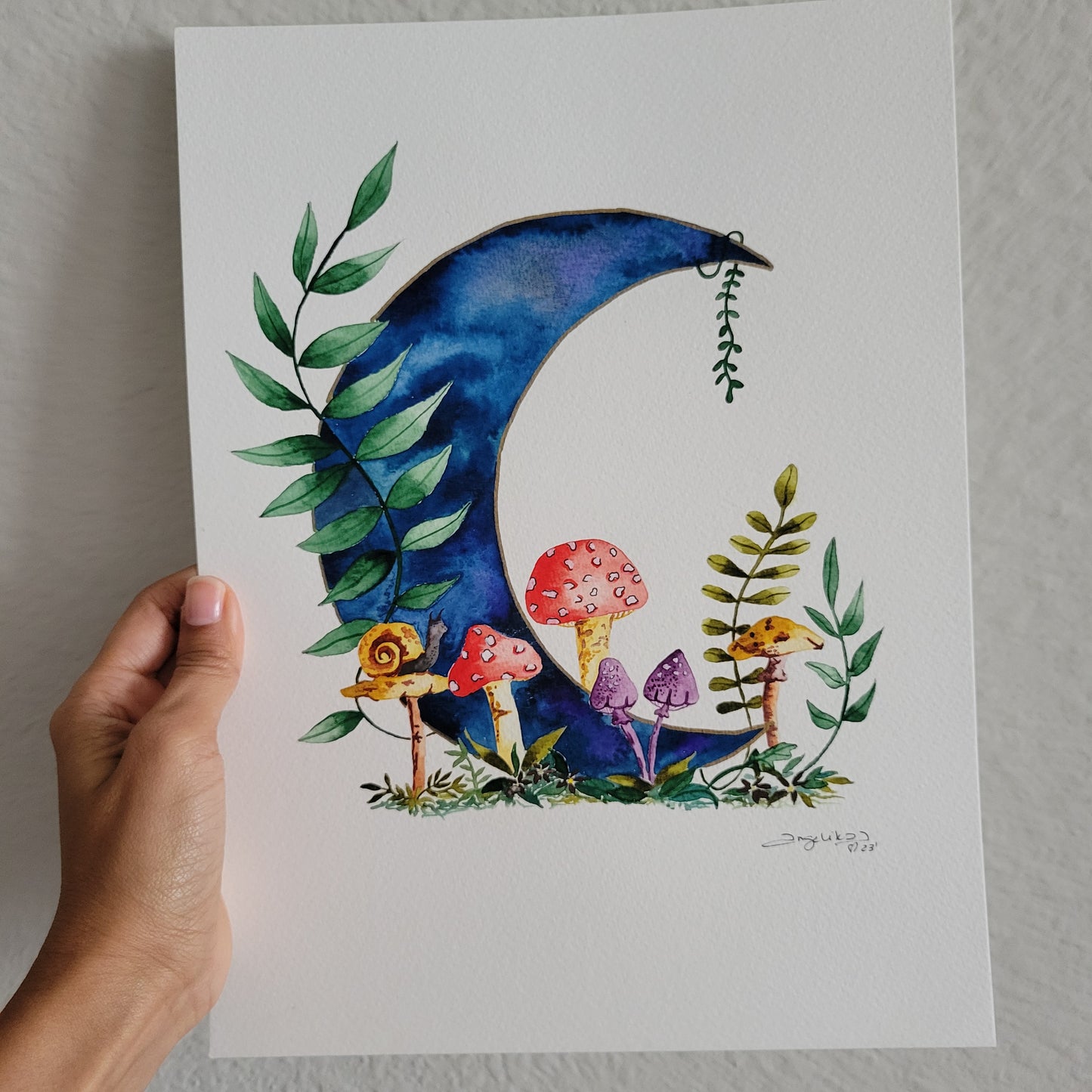 Moon Mushroom Watercolor Original Art "Night Forest Dream"