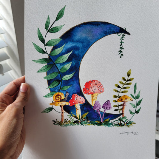 Moon Mushroom Watercolor Original Art "Night Forest Dream"