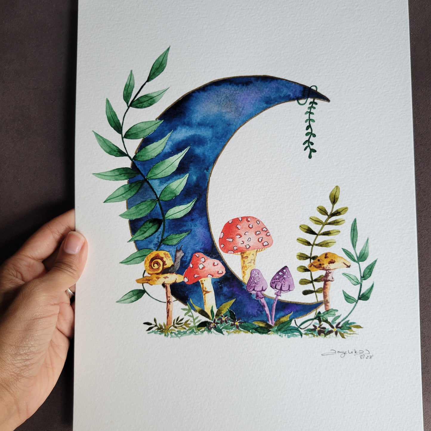 Moon Mushroom Watercolor Original Art "Night Forest Dream"