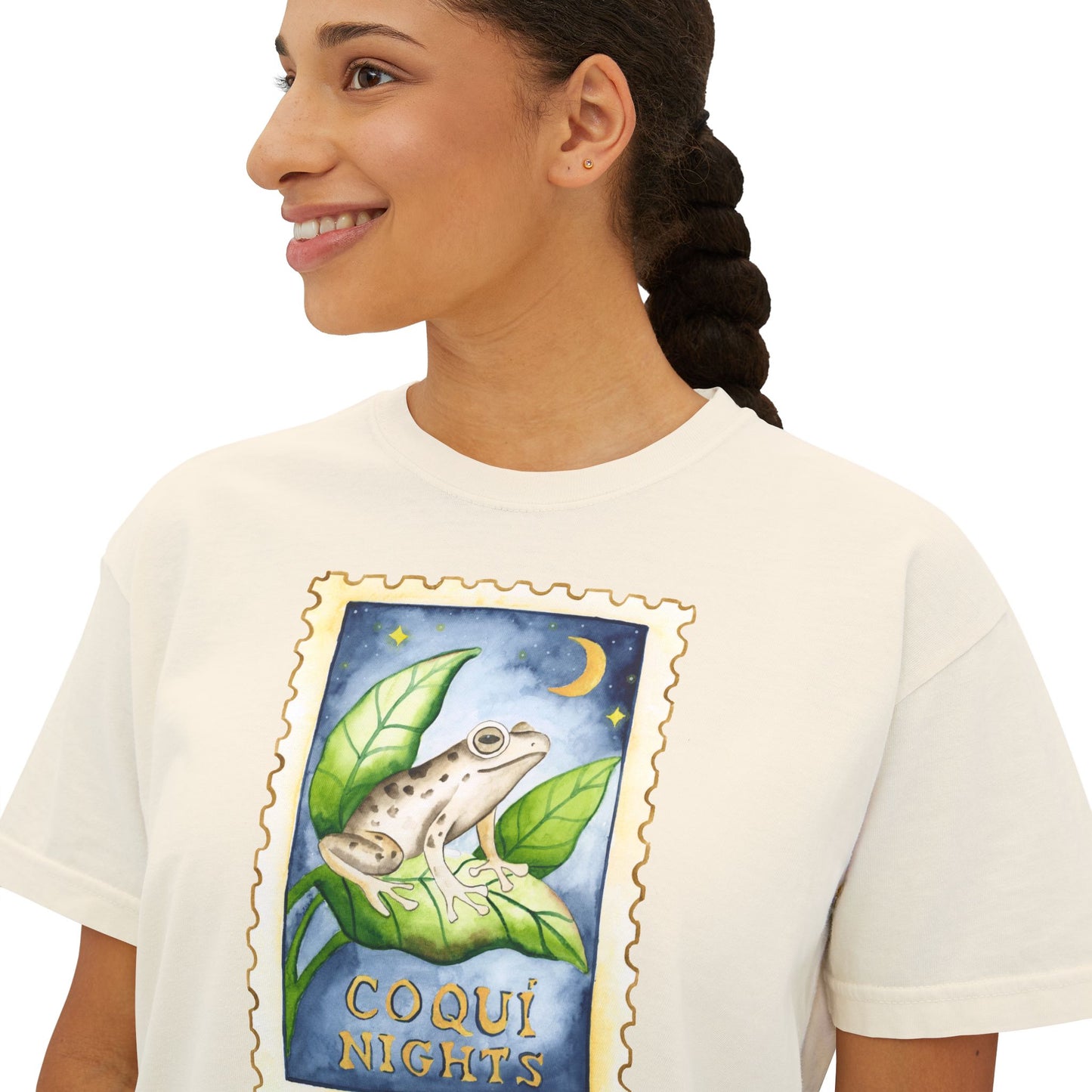 Coqui Nights Puerto Rico Women's Boxy Tee, Casual Summer Top, Vintage Stamp Design Shirt, Gift for Travelers, Eco-Friendly Fashion