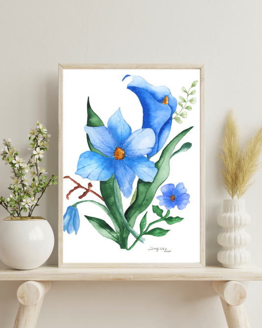 "Azure Bloom Symphony" Watercolor Art Print