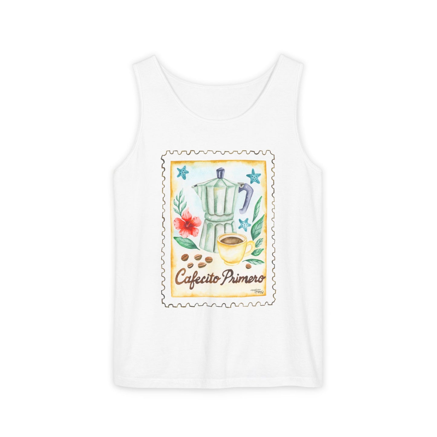 Cafecito Primero Tank Top, Boho Summer Style Shirt, Coffee Lover's Gift, Unisex Casual Wear, Relaxed Fit Beachwear