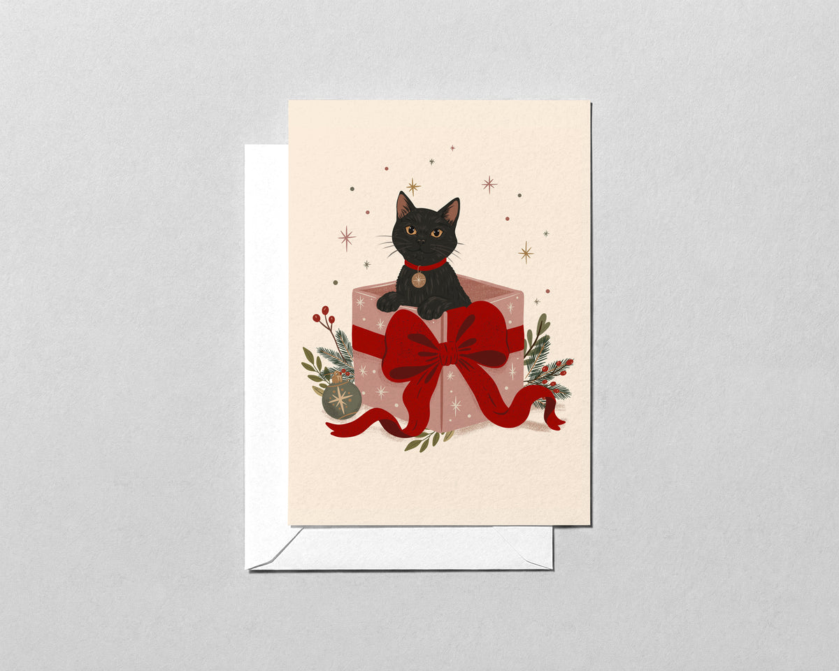 Black Cat Christmas Card – Funny Cat in a Gift Box Holiday Card