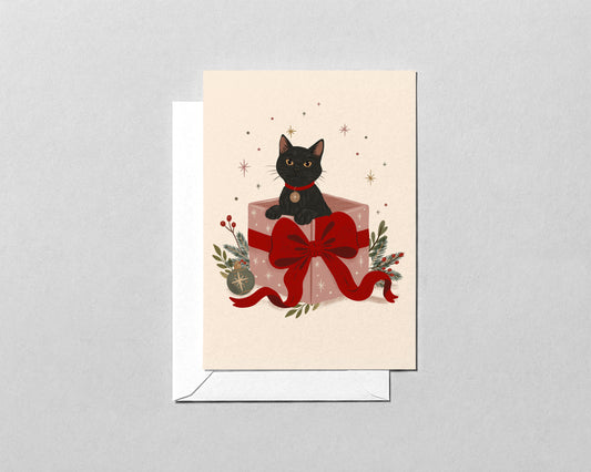 Black Cat Christmas Card – Funny Cat in a Gift Box Holiday Card