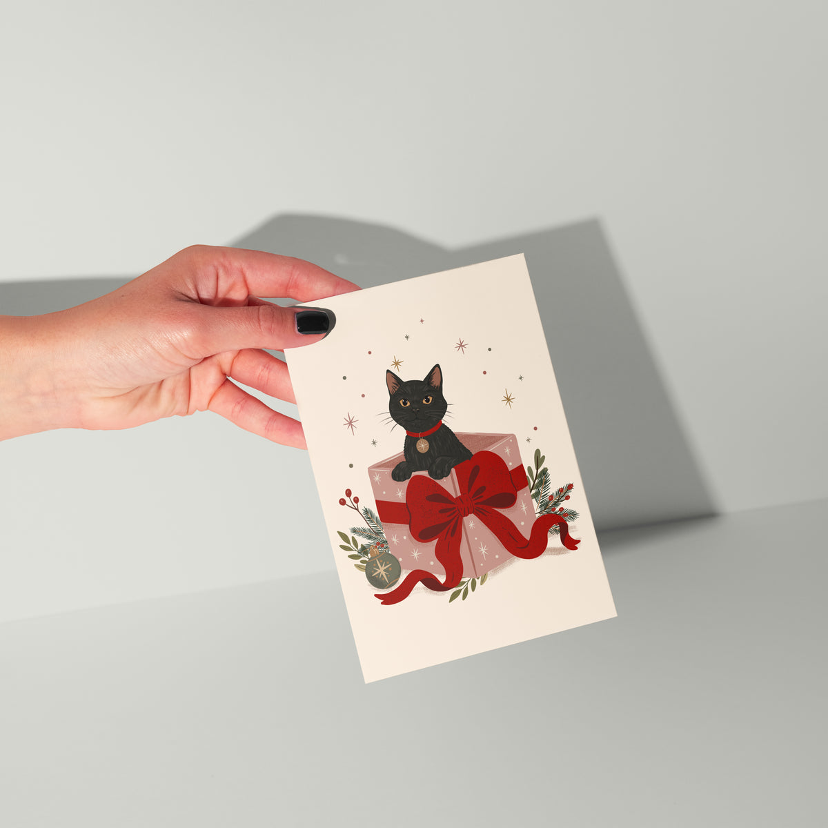 Black Cat Christmas Card – Funny Cat in a Gift Box Holiday Card