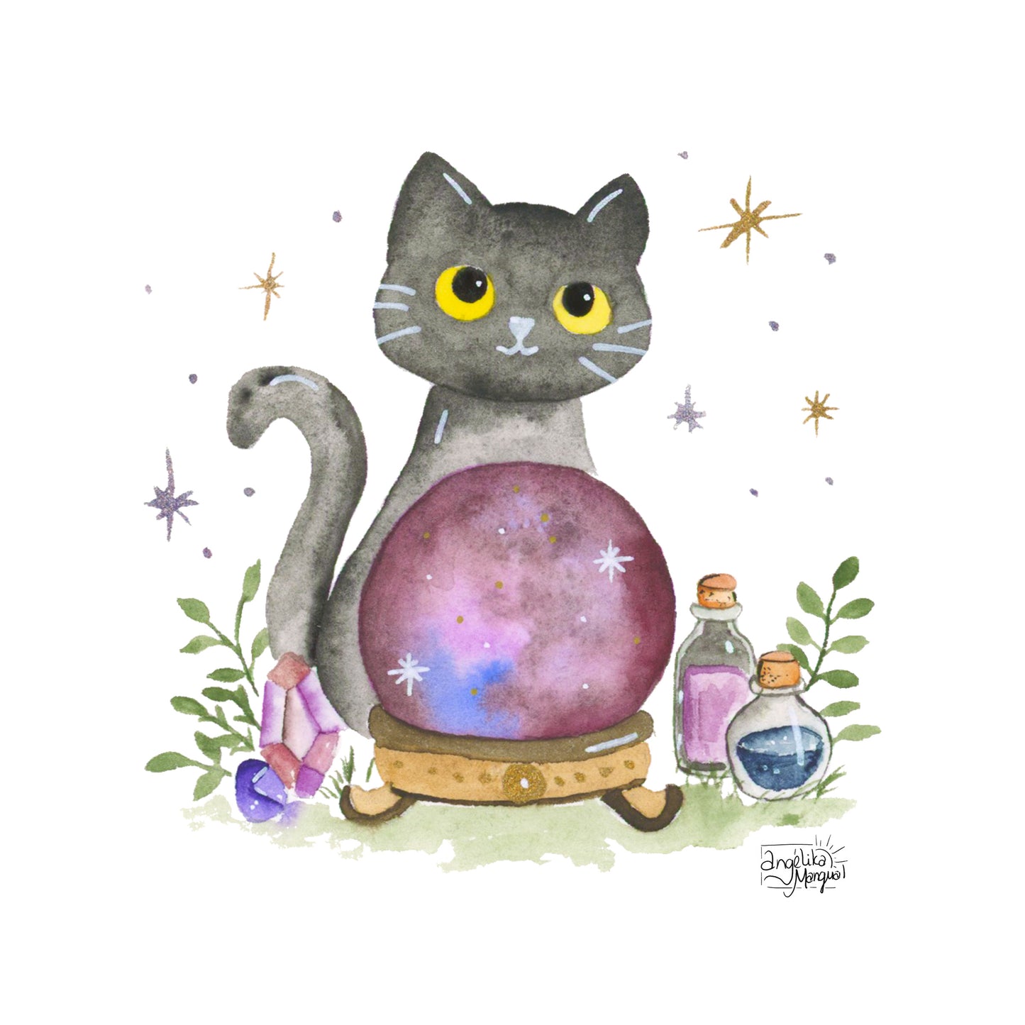 Black Cat Crystal Ball Art Print  Mystical Cat Illustration, Witchy Wall Decor