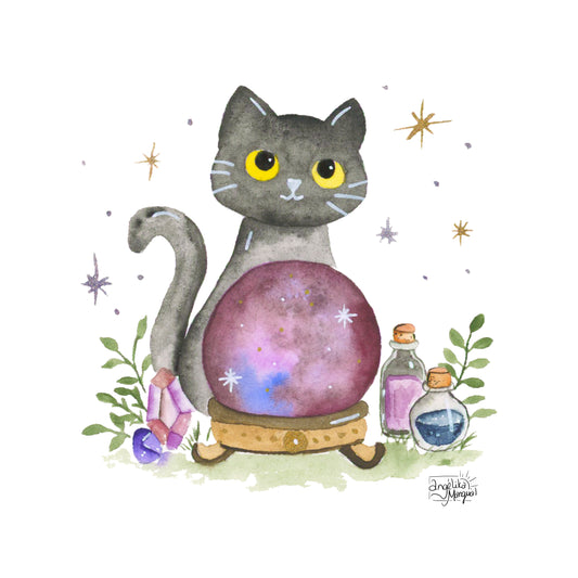Black Cat Crystal Ball Art Print  Mystical Cat Illustration, Witchy Wall Decor