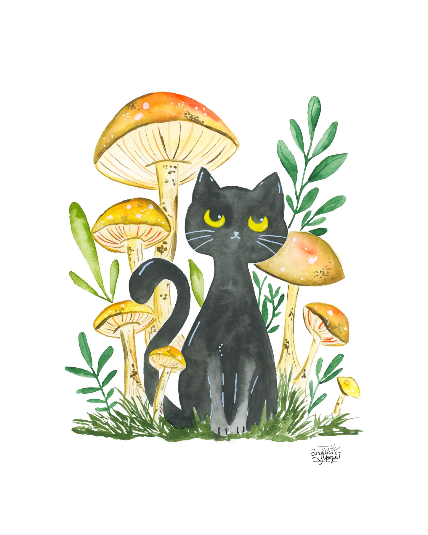 Black Cat Mushroom Art Print Whimsical Forest Cat Illustration