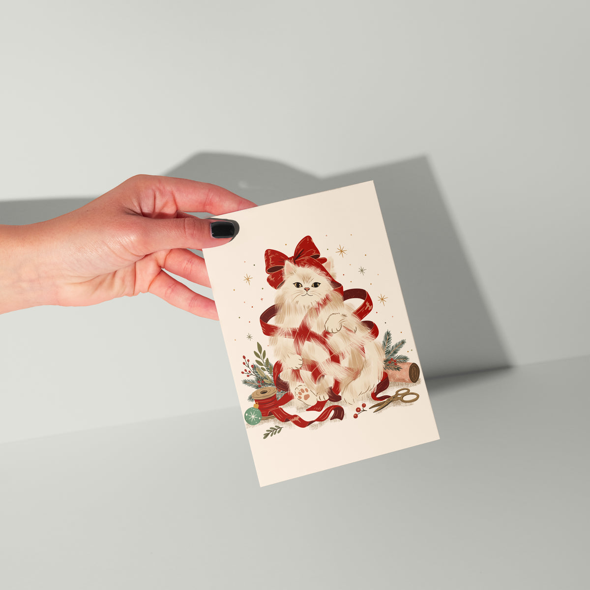 Cat Ribbon Christmas Greeting Card