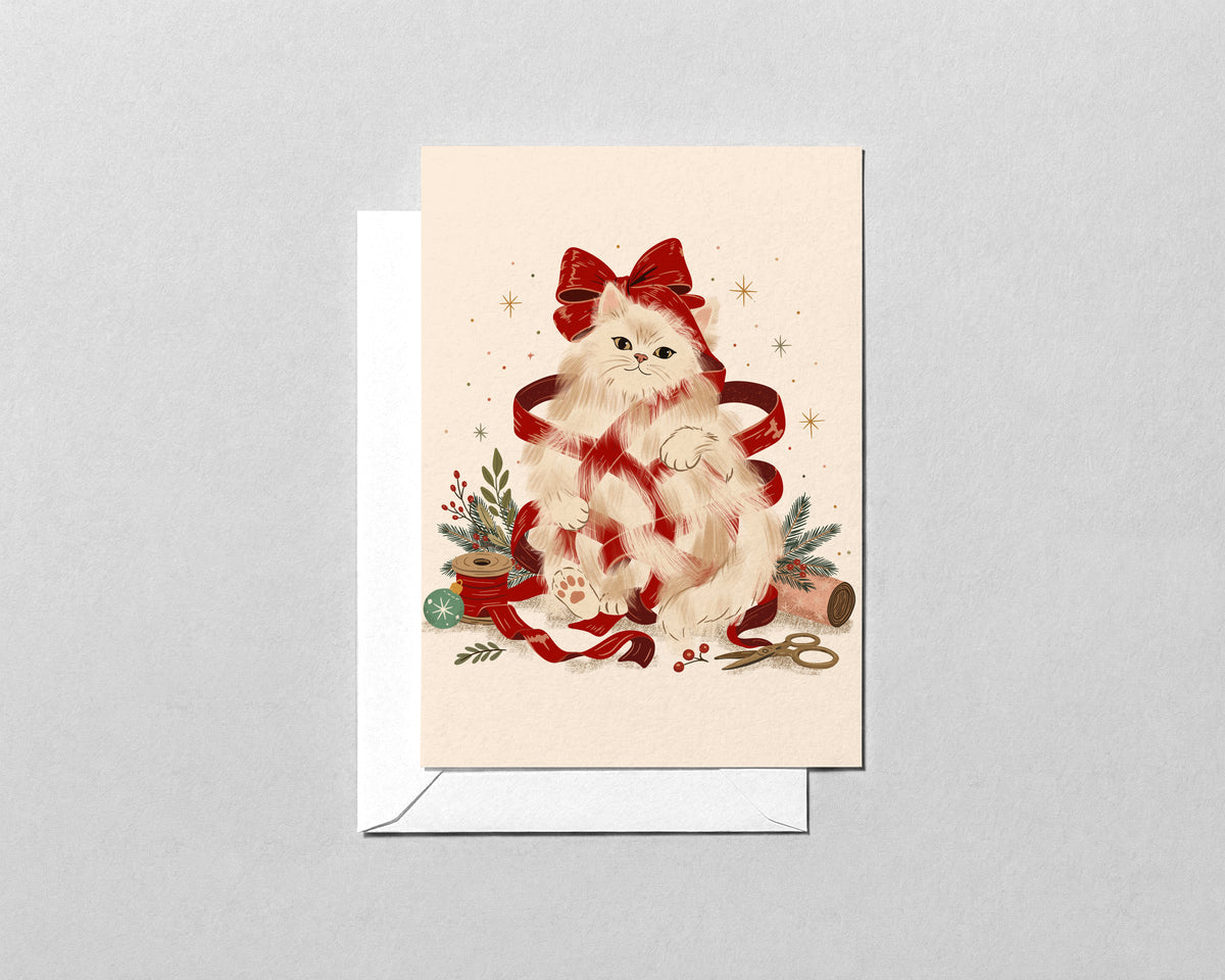 Cat Ribbon Christmas Greeting Card