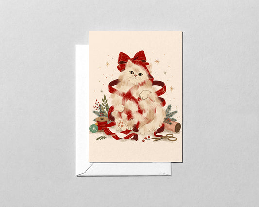 Cat Ribbon Christmas Greeting Card