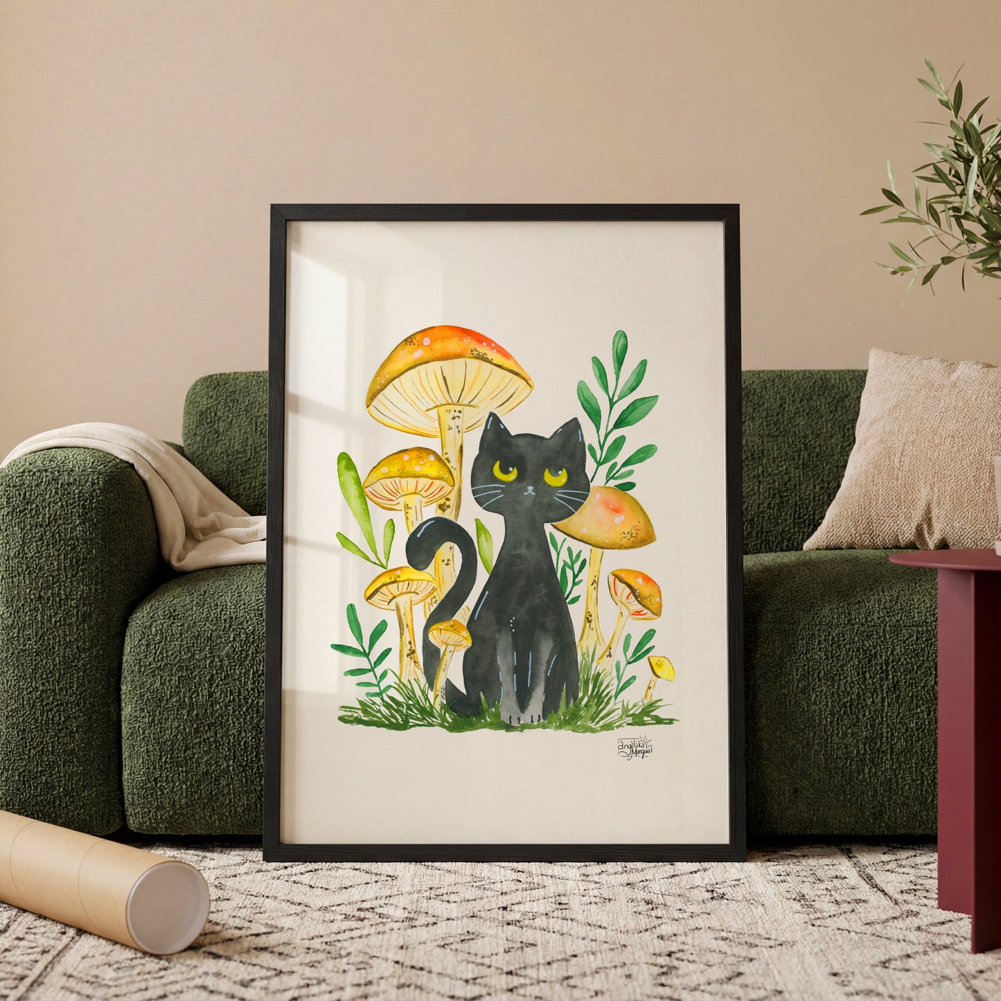 Black Cat Mushroom Art Print Whimsical Forest Cat Illustration