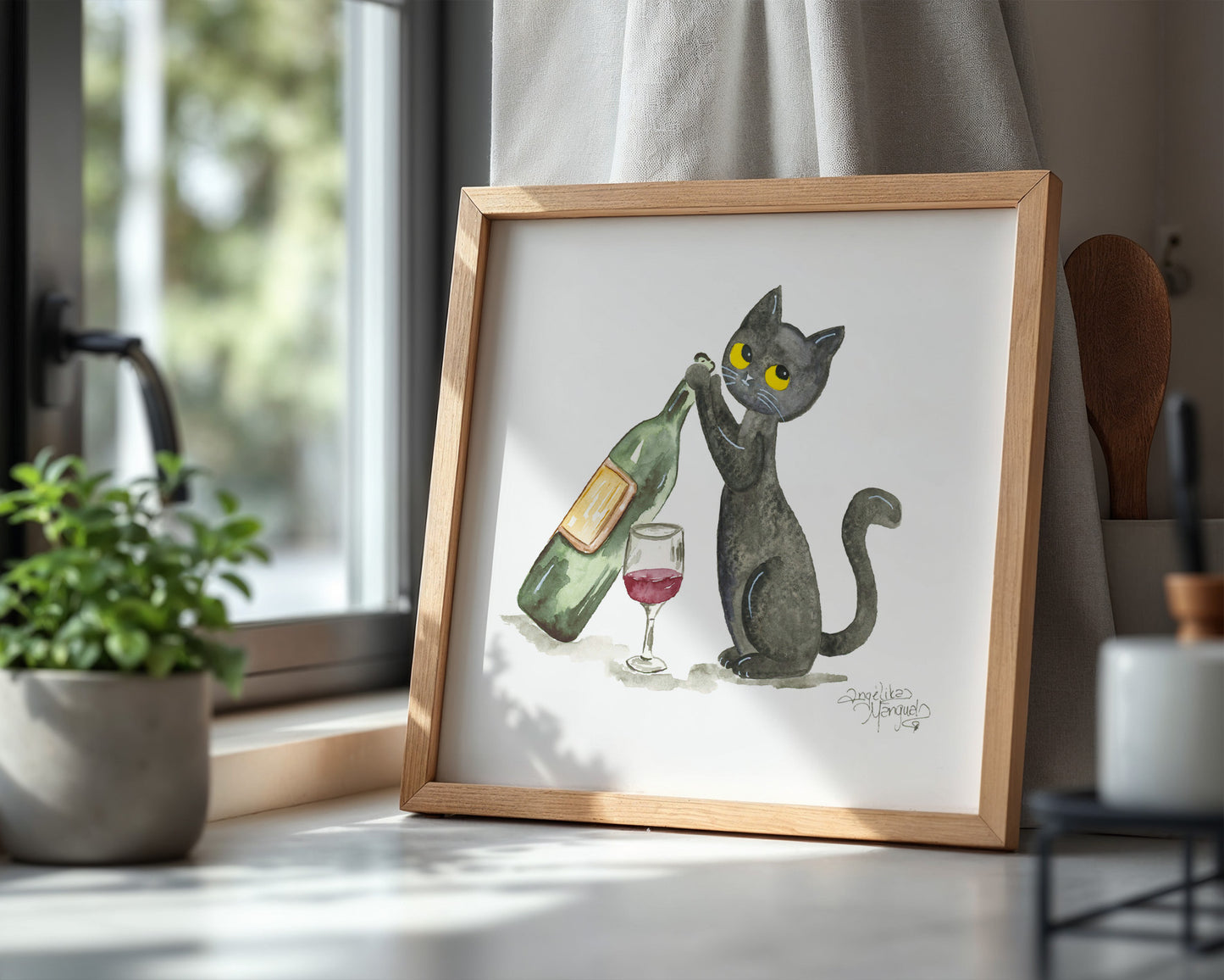 Black Cat Black Wine Art Print Funny Cat Illustration, Cozy Cat Wall Decor, Gift for Cat Lovers
