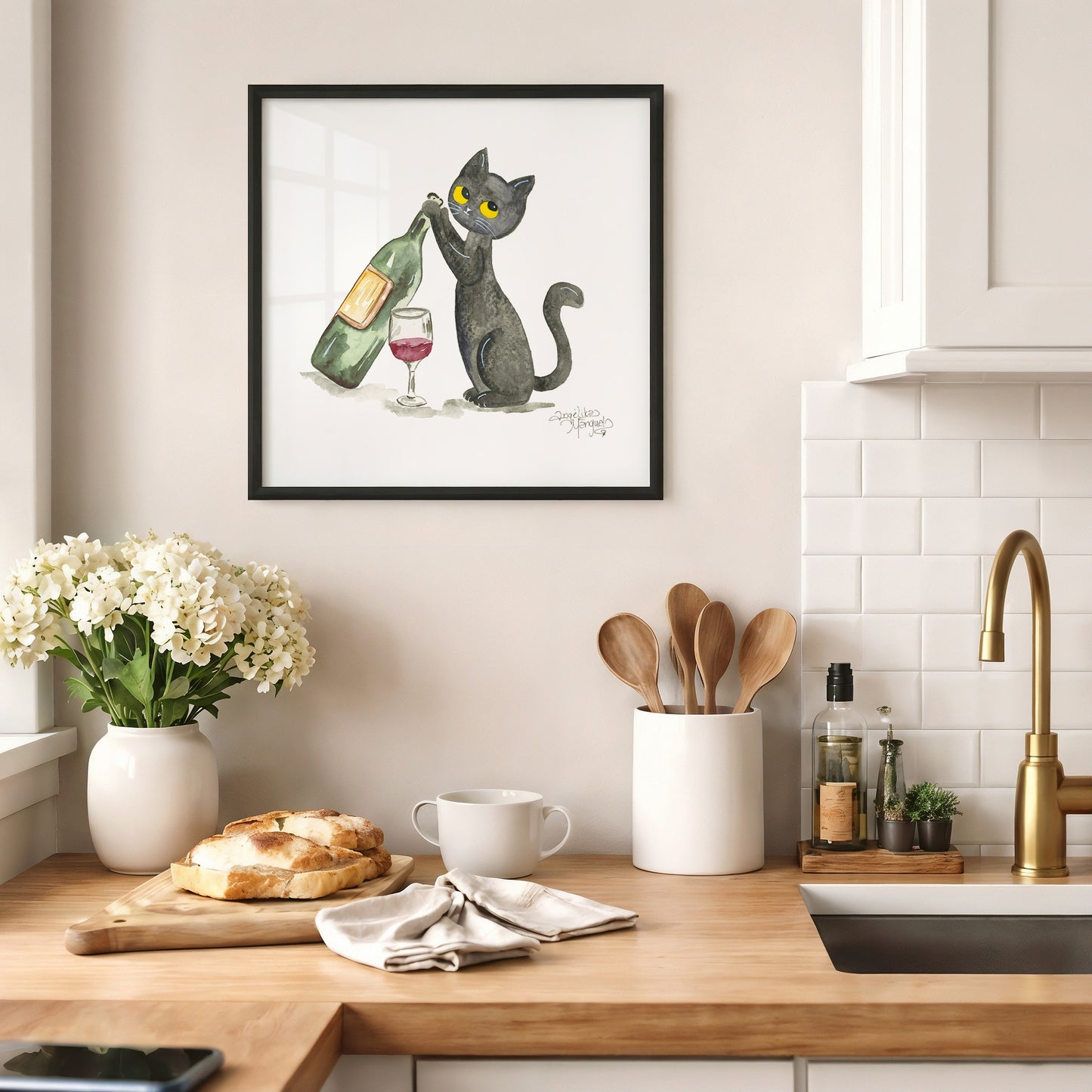 Black Cat Black Wine Art Print Funny Cat Illustration, Cozy Cat Wall Decor, Gift for Cat Lovers