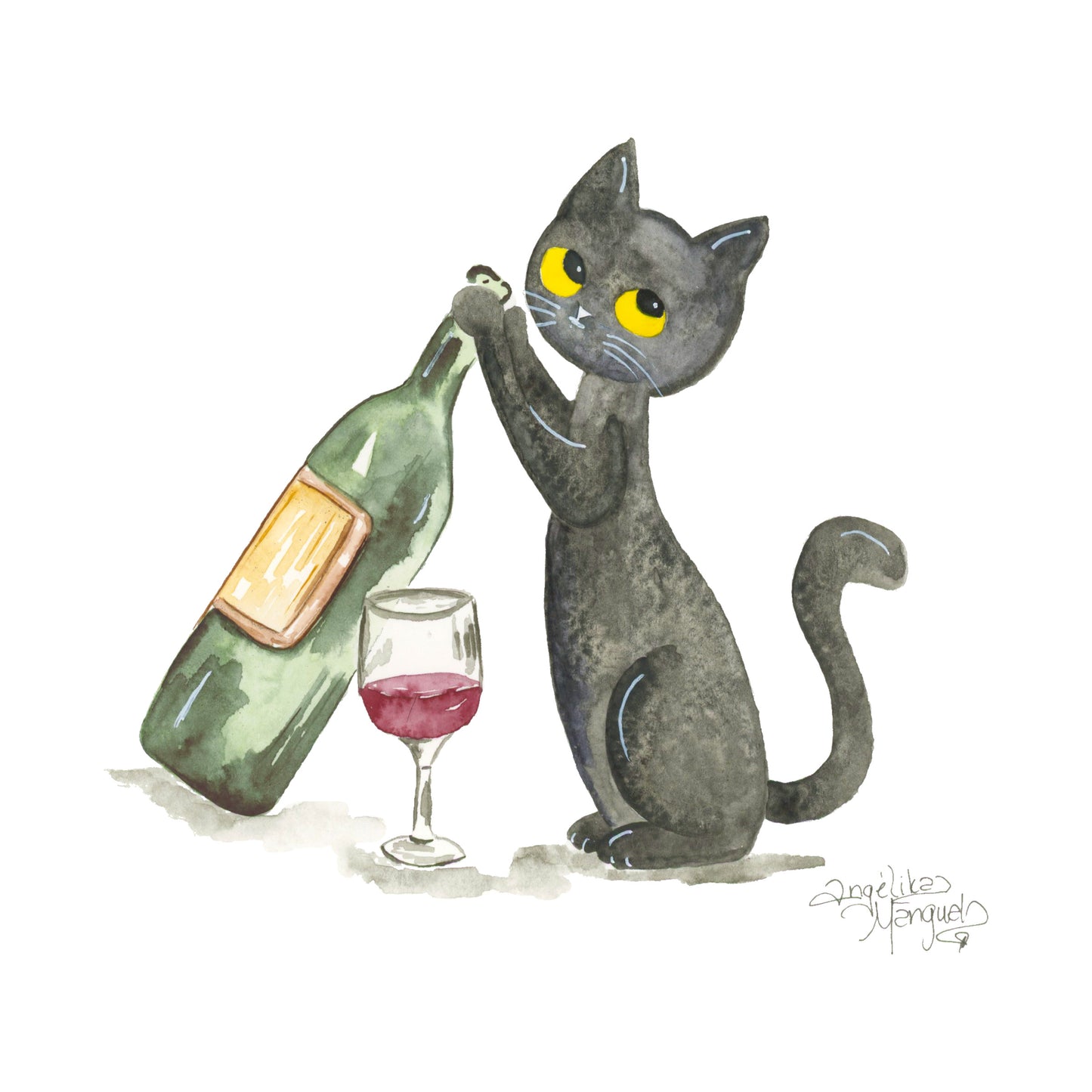 Black Cat Black Wine Art Print Funny Cat Illustration, Cozy Cat Wall Decor, Gift for Cat Lovers