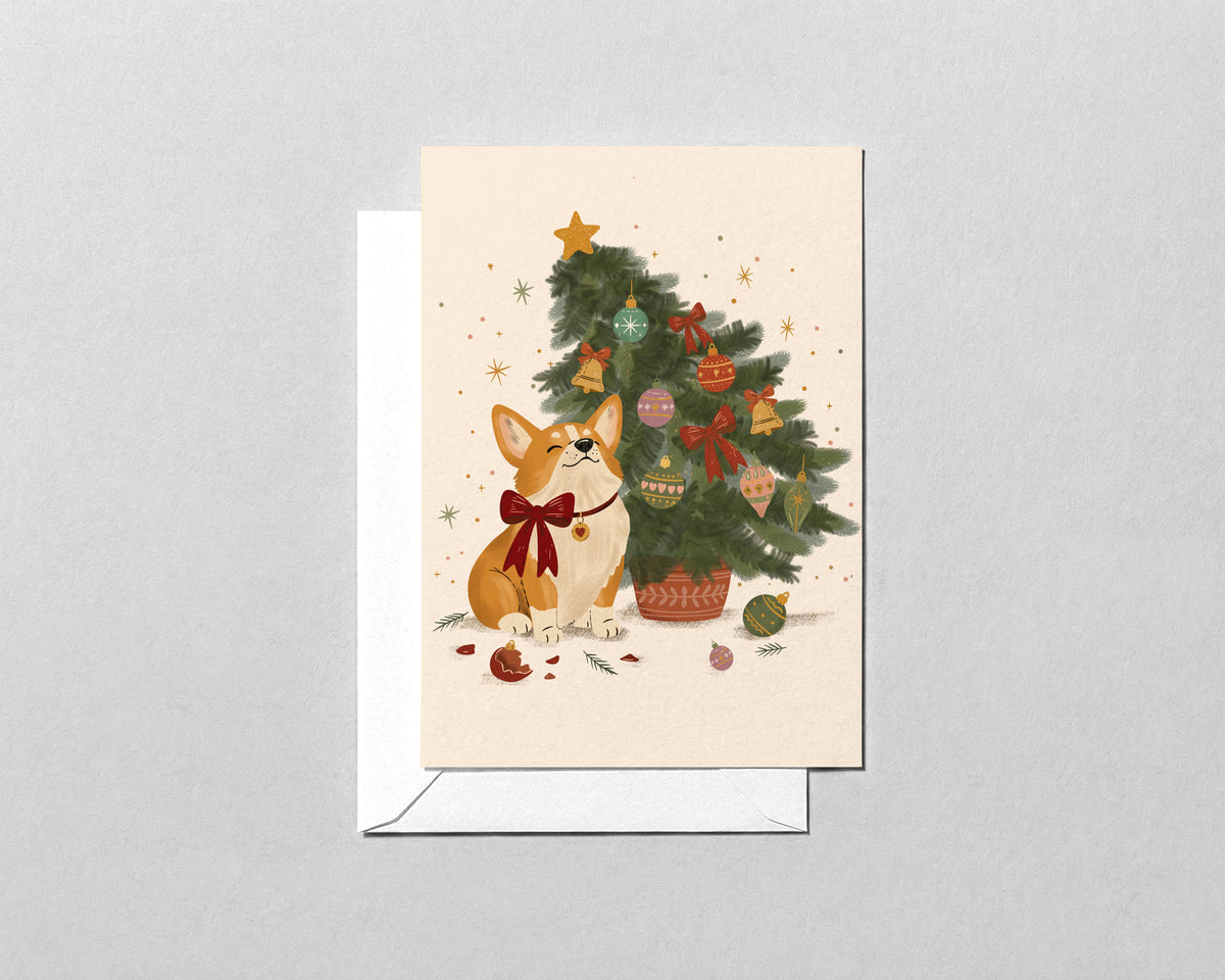 Funny Corgi Christmas Card – Naughty Dog and Broken Christmas Tree