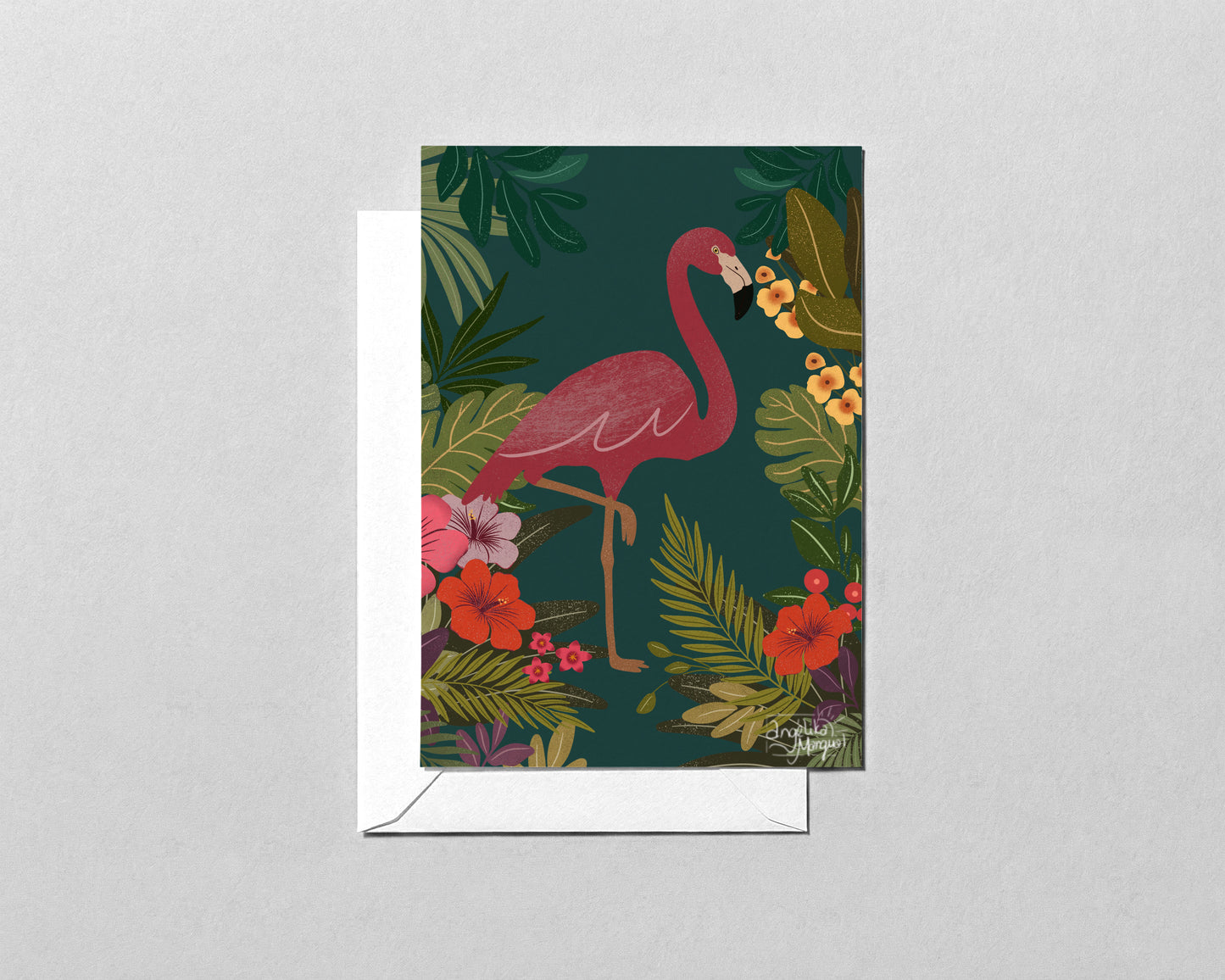 Flamingo Greeting Card – Tropical Bird and Botanical Blank Card