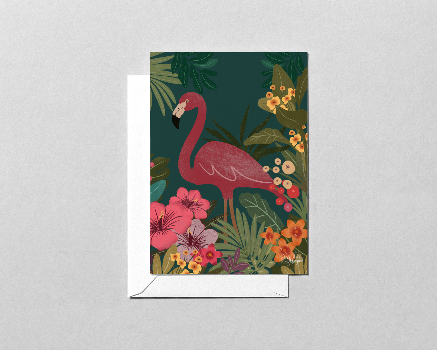 Flamingo Greeting Card – Tropical Bird and Botanical Blank Card