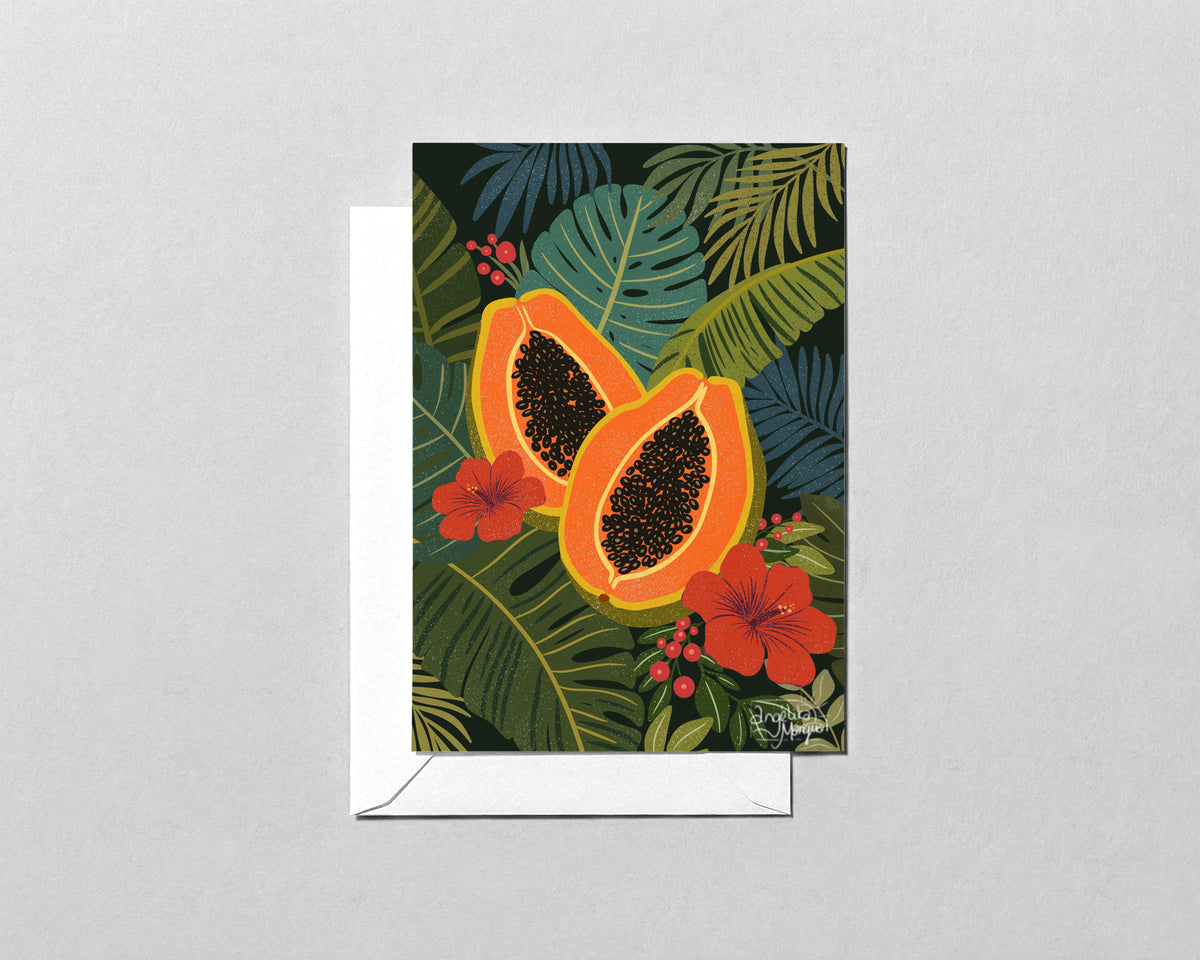 Papaya Botanical Greeting Card – Tropical Fruit and Green Leaves