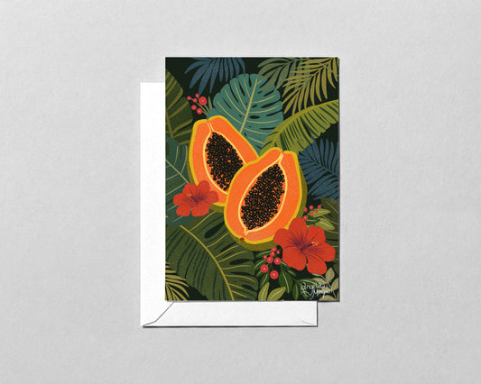 Papaya Botanical Greeting Card – Tropical Fruit and Green Leaves
