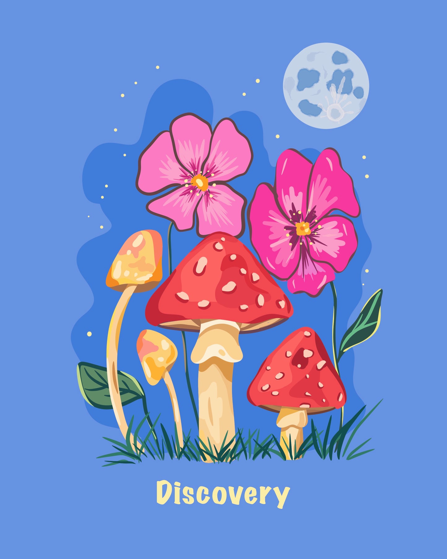 Discovery Whimsical Mushroom & Floral Moon Illustration Art Print