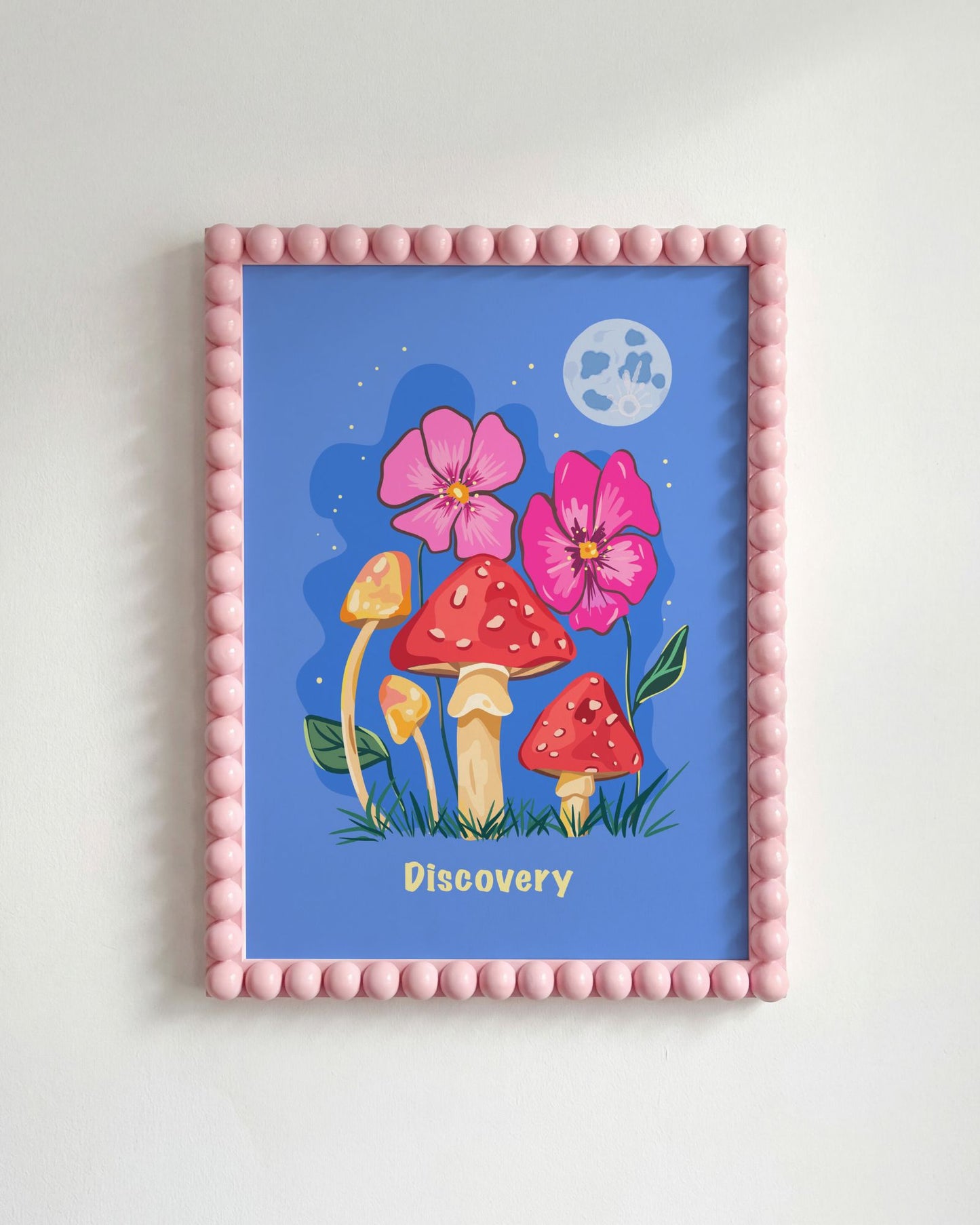 Discovery Whimsical Mushroom & Floral Moon Illustration Art Print