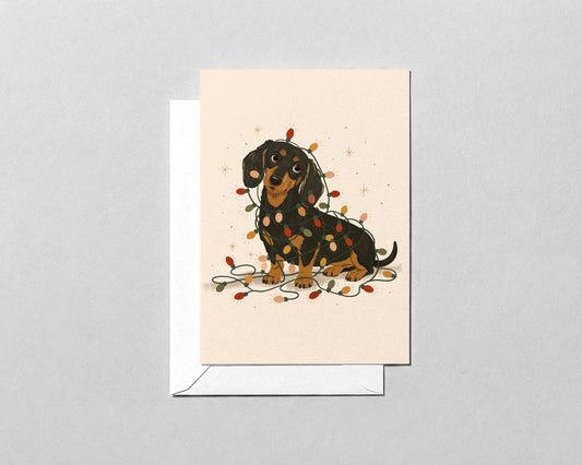 Dachshund Christmas Card – Wiener Dog Tangled in Lights