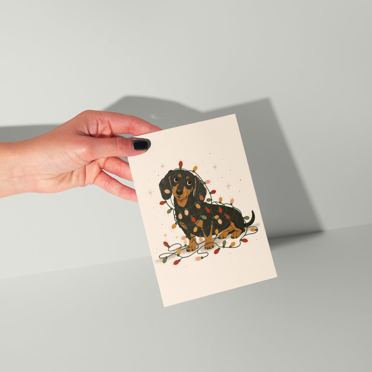 Dachshund Christmas Card – Wiener Dog Tangled in Lights